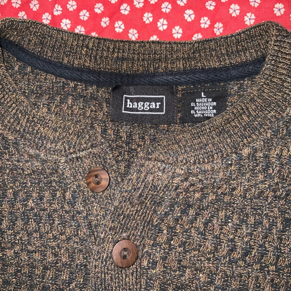 Haggar‎ Brown knit Sweater heather cotton brown black large button - Picture 4 of 6